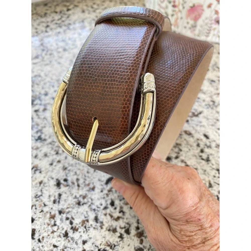 Chico's Lizard Embossed Statement Belt Womens S Brown Excellent Two Tone Buckle